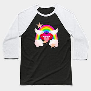 Groovy Winged Lips, Rainbow & Stars - RED Baseball T-Shirt